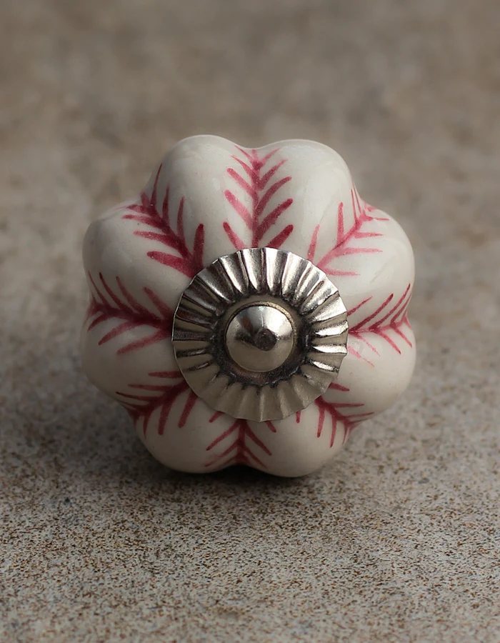 Flower Shaped White Ceramic Knob With Maroon Design - Image 3