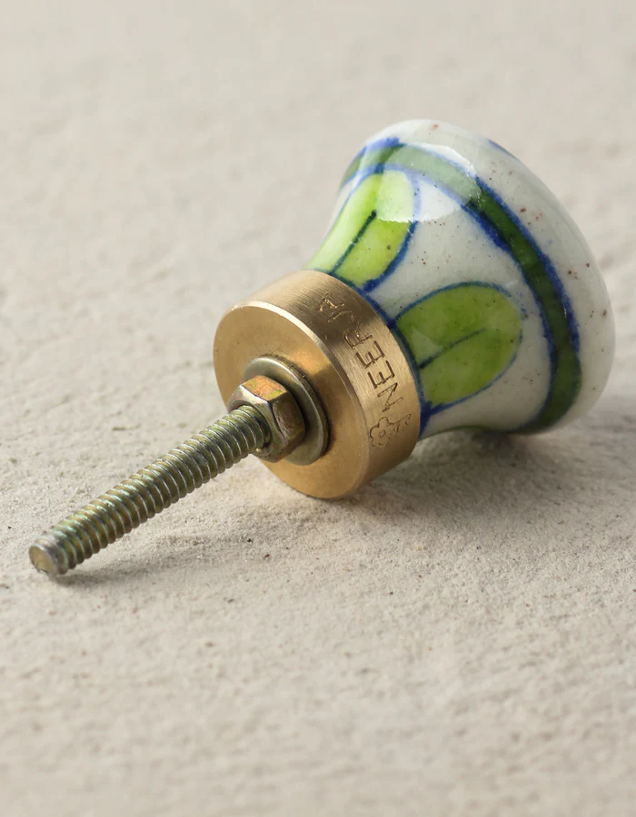 Handmade Green And Pink Petals On White Ceramic Blue Pottery Drawer Knob - Image 3