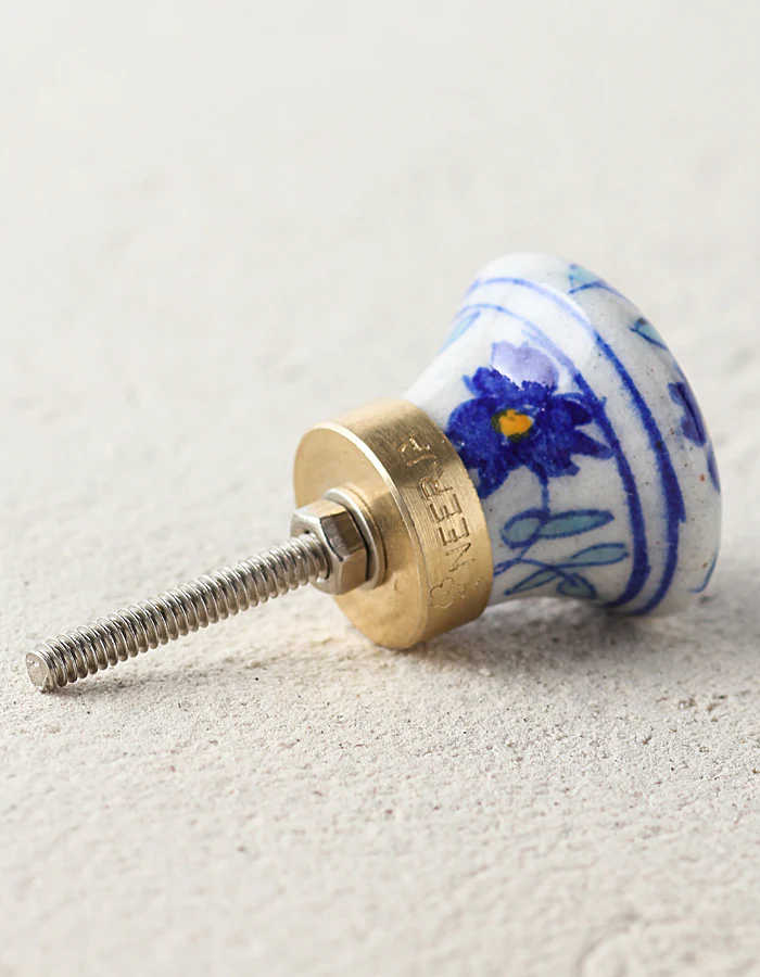 Handmade White Dresser Cabinet Knob With Blue Flowers And Turquoise Leaves - Image 3