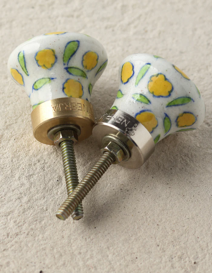 Handmade Yellow Flowers On White Ceramic Blue Pottery Door Knob - Image 4
