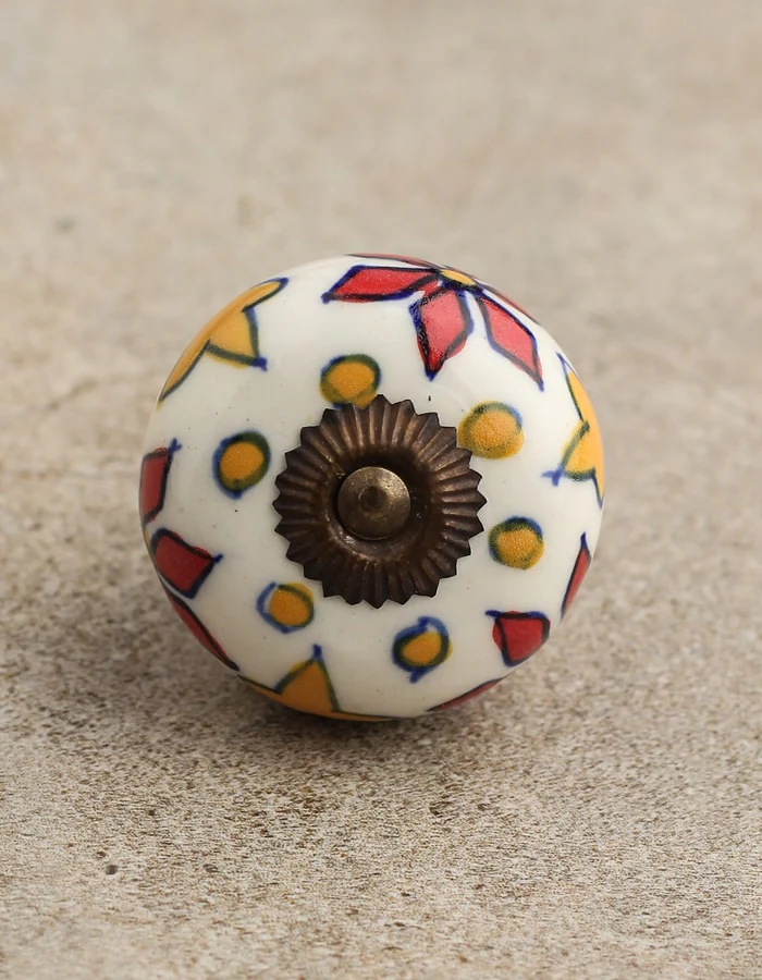 Stylish White Round Ceramic Dresser Knob With Multicolor Print - Image 4
