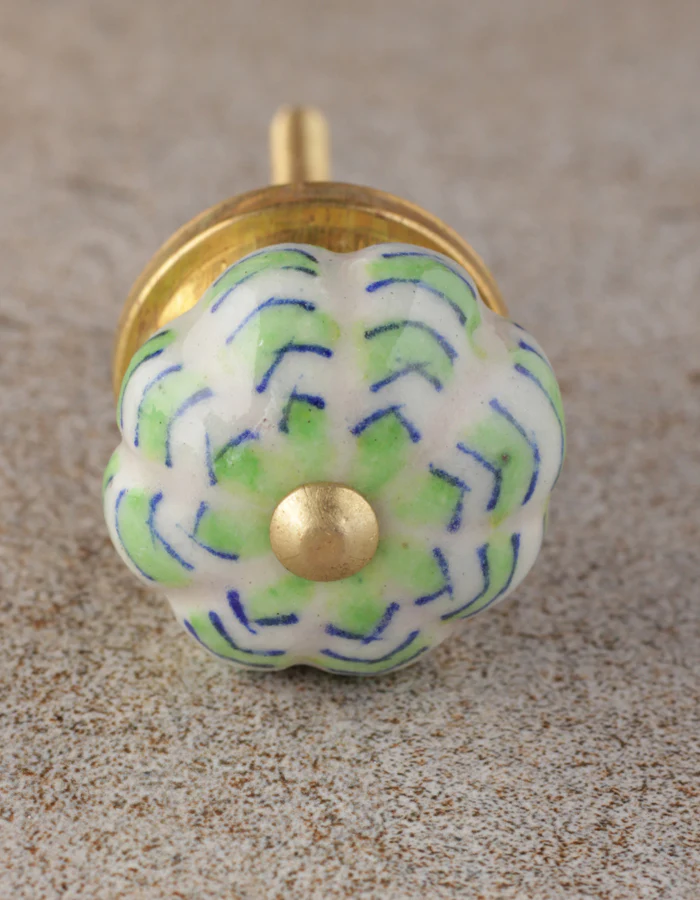White Ceramic Melon Shaped Bathroom Knob With Green Design - Image 4