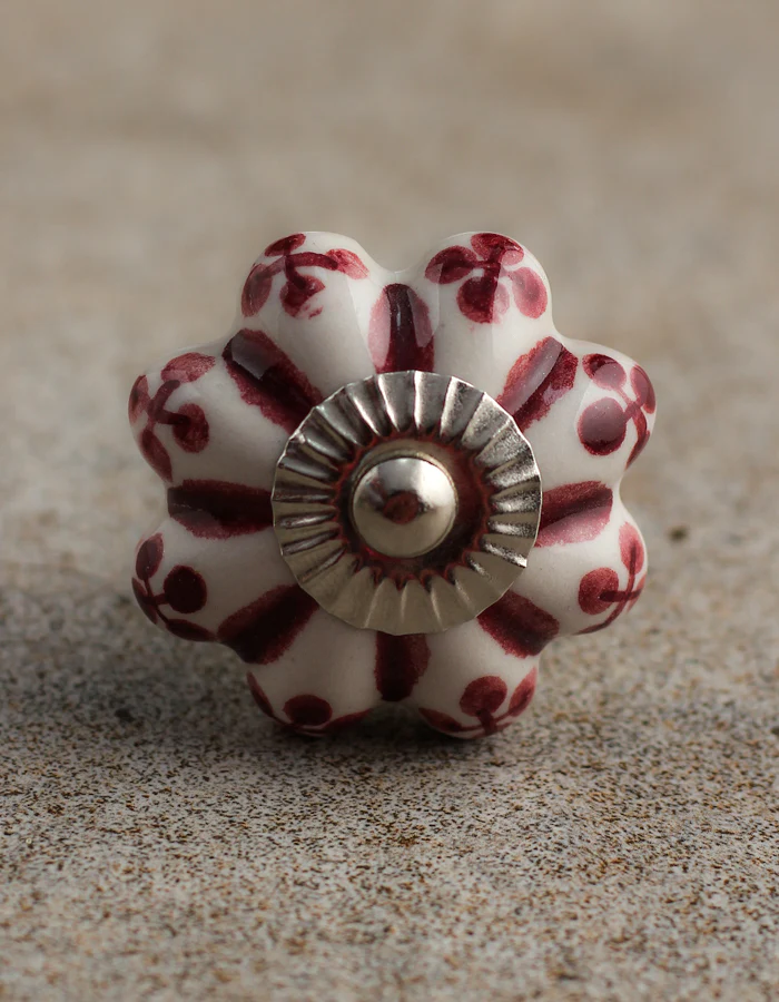 White Kitchen Cabinet Knob With Maroon Floral Design - Image 4