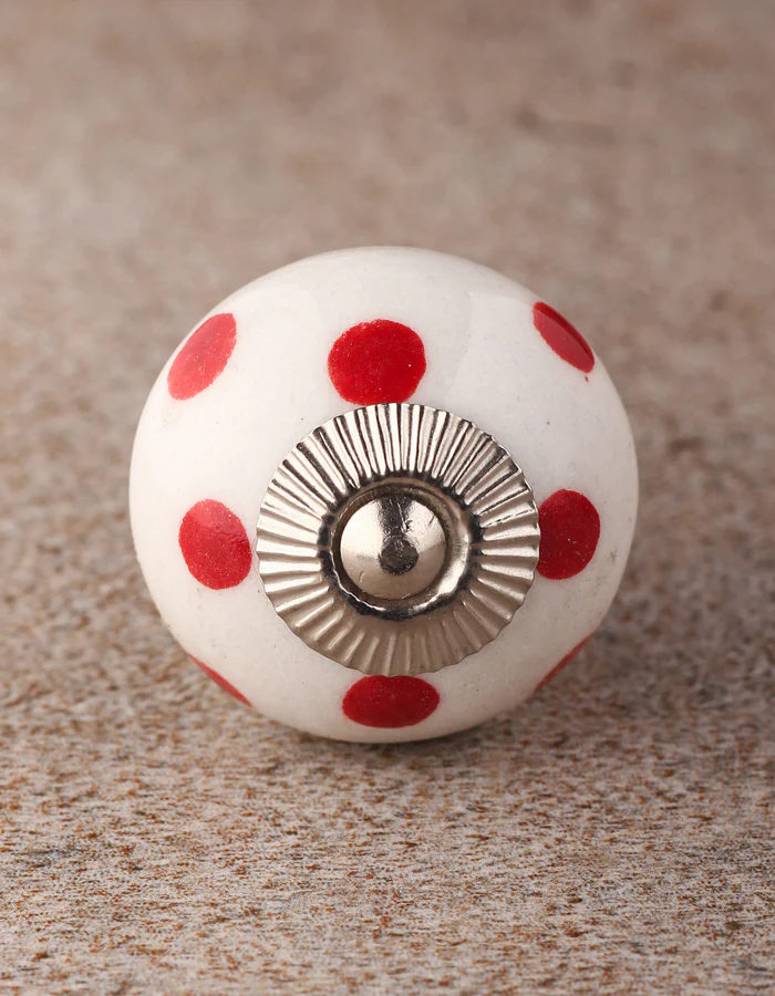 White Round Ceramic Drawer Knob With Red Polka Dots - Image 4