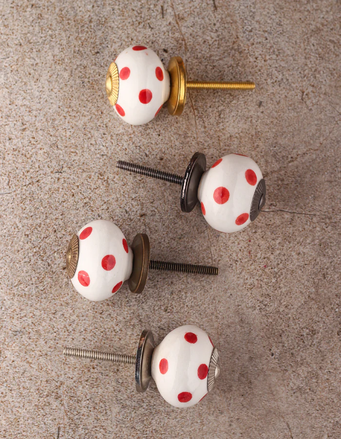 White Round Ceramic Drawer Knob With Red Polka Dots - Image 5