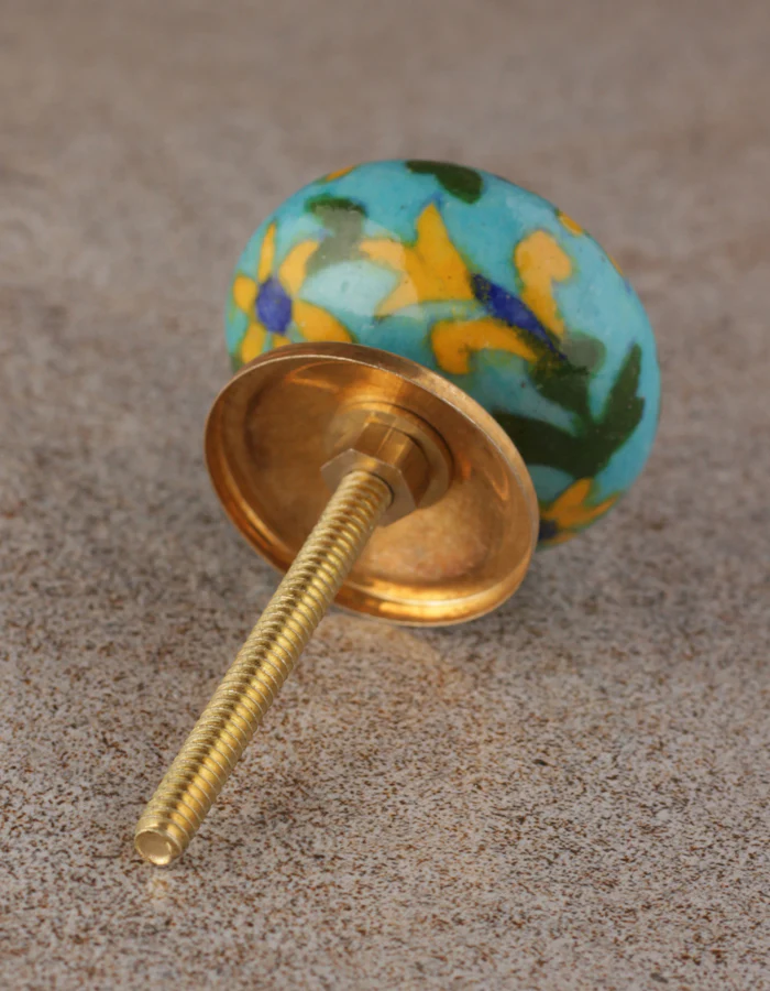 Yellow Flower And Green Leaf Design On Turquoise Bathroom Cabinet Knob - Image 6