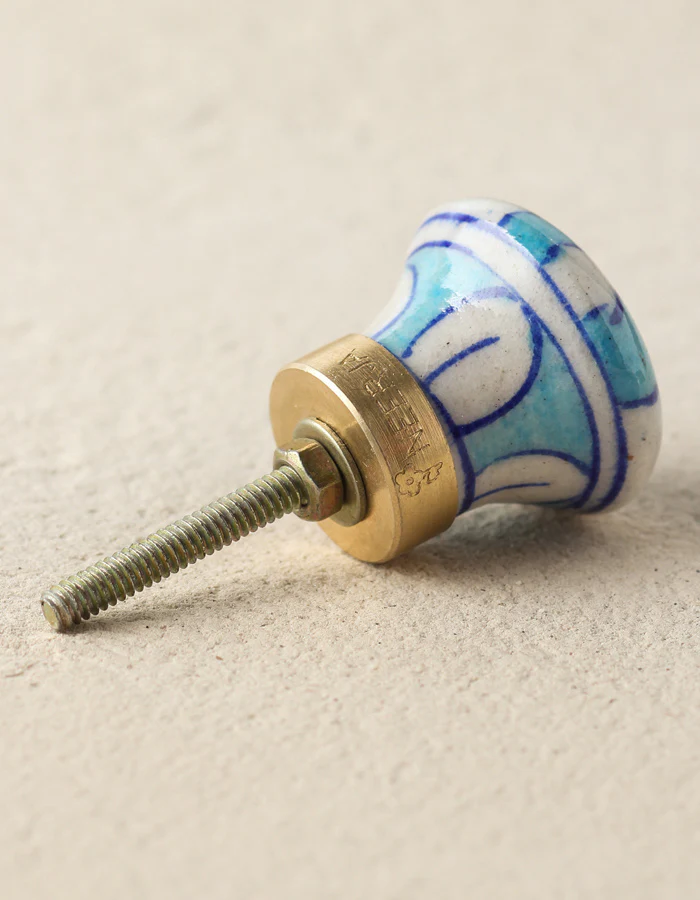 Zigzag White And Turquoise Ceramic Blue Pottery Drawer Knob - Image 3